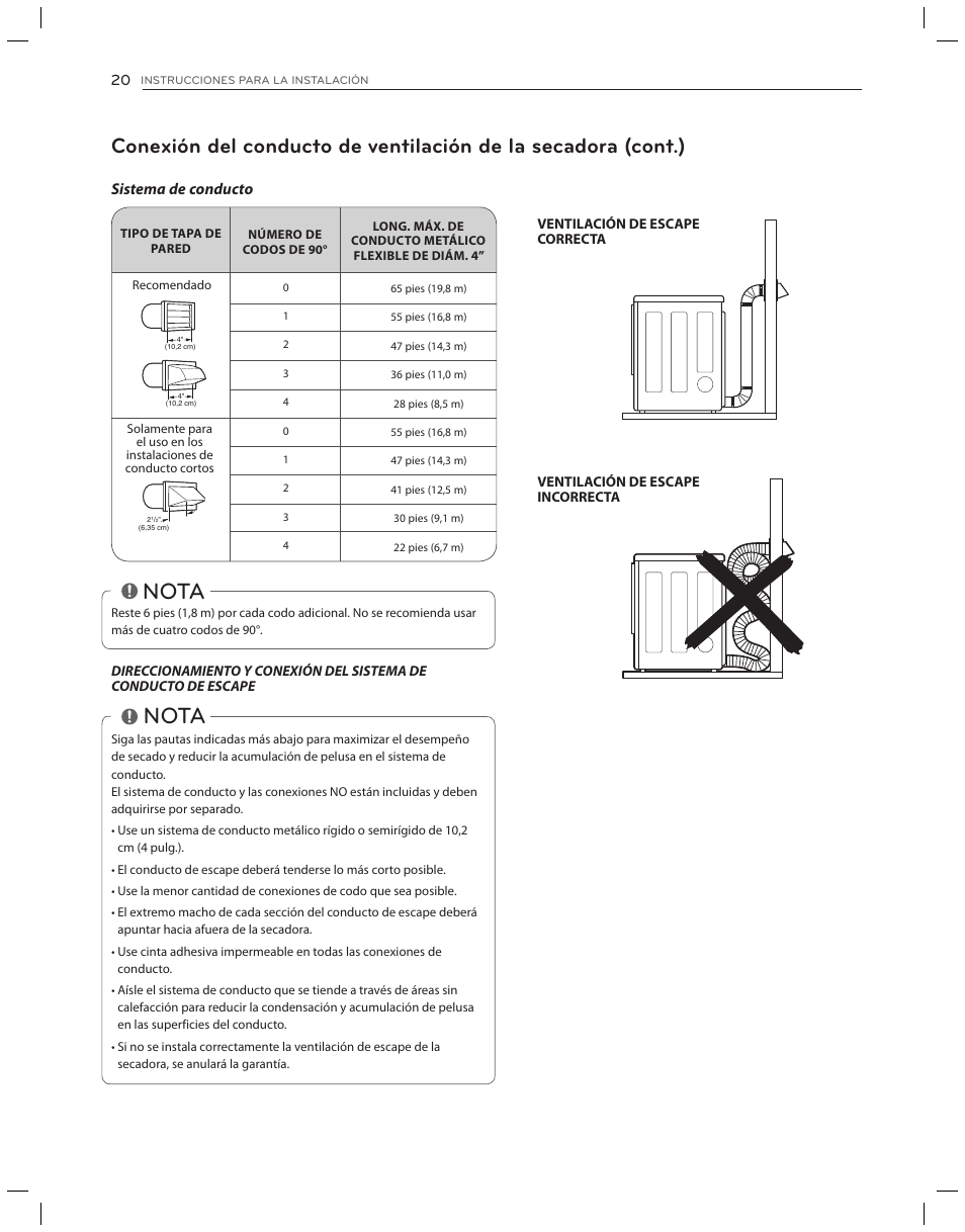 Nota, Sistema de conducto | LG DLG3051W User Manual | Page 62 / 84