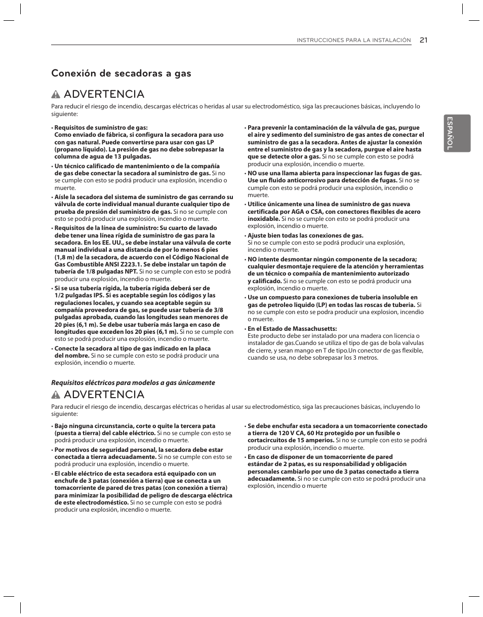 Advertencia, Conexión de secadoras a gas | LG DLG3051W User Manual | Page 63 / 84