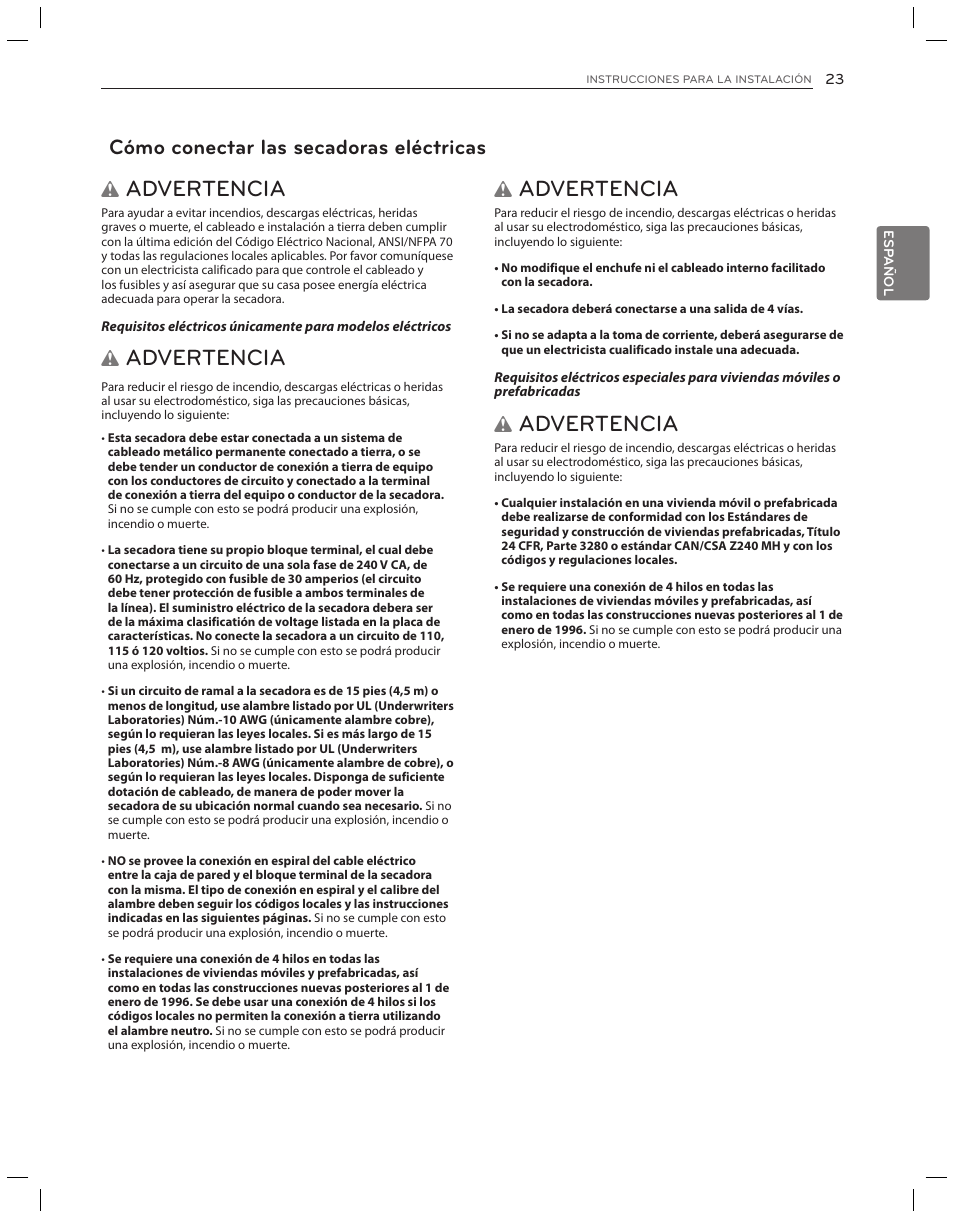 Advertencia, Cómo conectar las secadoras eléctricas | LG DLG3051W User Manual | Page 65 / 84