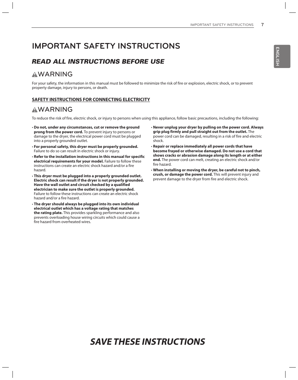 Save these instructions, Important safety instructions, Warning | Read all instructions before use w | LG DLG3051W User Manual | Page 7 / 84