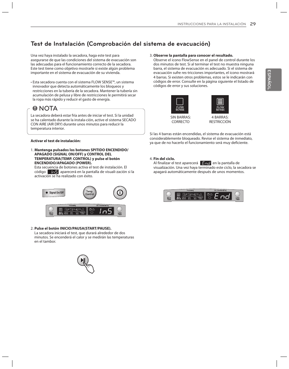 Nota, Revisión de instalación final | LG DLG3051W User Manual | Page 71 / 84