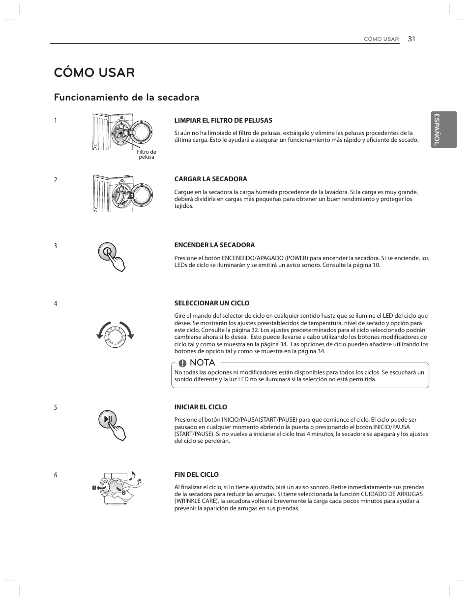 Cómo usar, Funcionamiento de la secadora, Nota | LG DLG3051W User Manual | Page 73 / 84