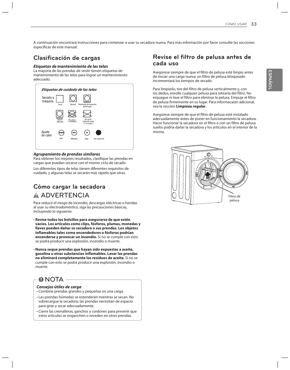 Advertencia, Nota, Revise el filtro de pelusa antes de cada uso | Clasificación de cargas, Cómo cargar la secadora | LG DLG3051W User Manual | Page 75 / 84