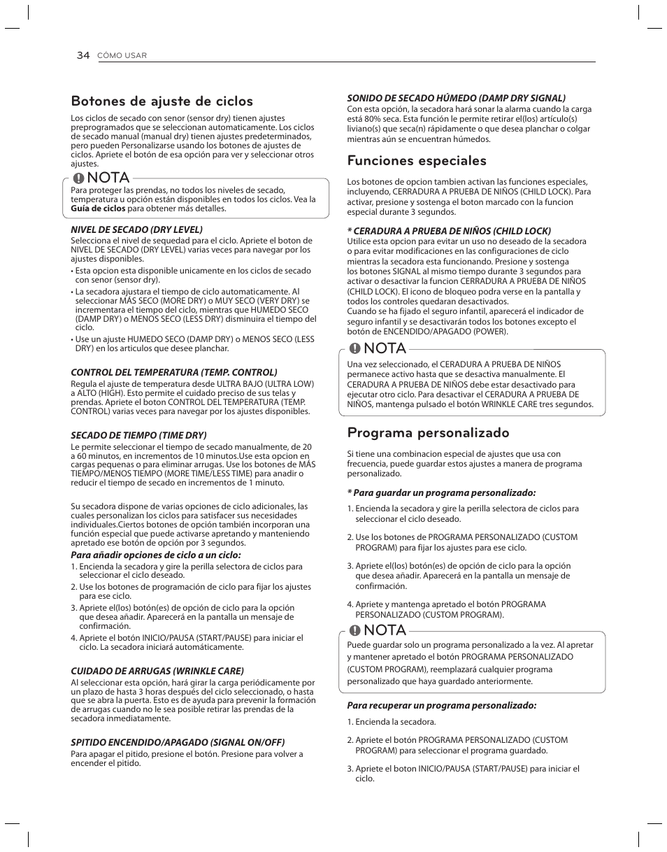 Nota, Botones de ajuste de ciclos, Funciones especiales | Programa personalizado | LG DLG3051W User Manual | Page 76 / 84