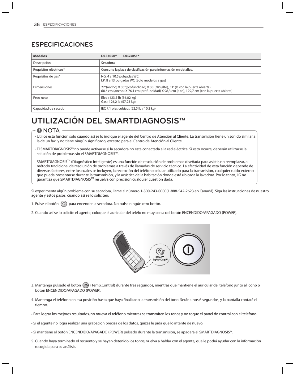 Utilización del smartdiagnosis, Especificaciones, Nota | LG DLG3051W User Manual | Page 80 / 84