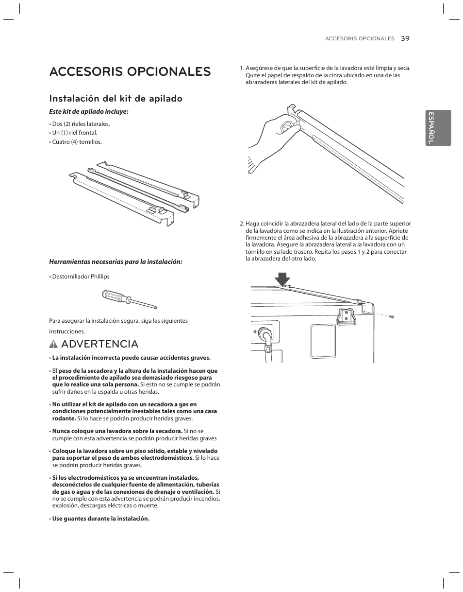 Utilización del smartdiagnosis, Accesoris opcionales, Advertencia | Especificaciones, Instalación del kit de apilado | LG DLG3051W User Manual | Page 81 / 84