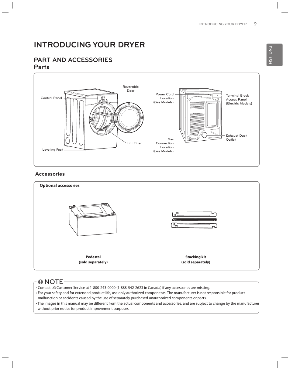 Introducing your dryer, Part and accessories parts, Accessories | LG DLG3051W User Manual | Page 9 / 84