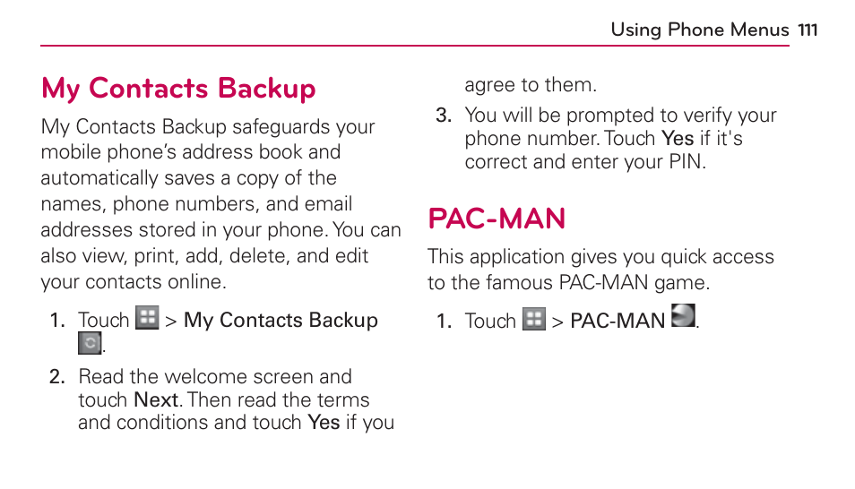 My contacts backup, Pac-man | LG UN272 User Manual | Page 111 / 172