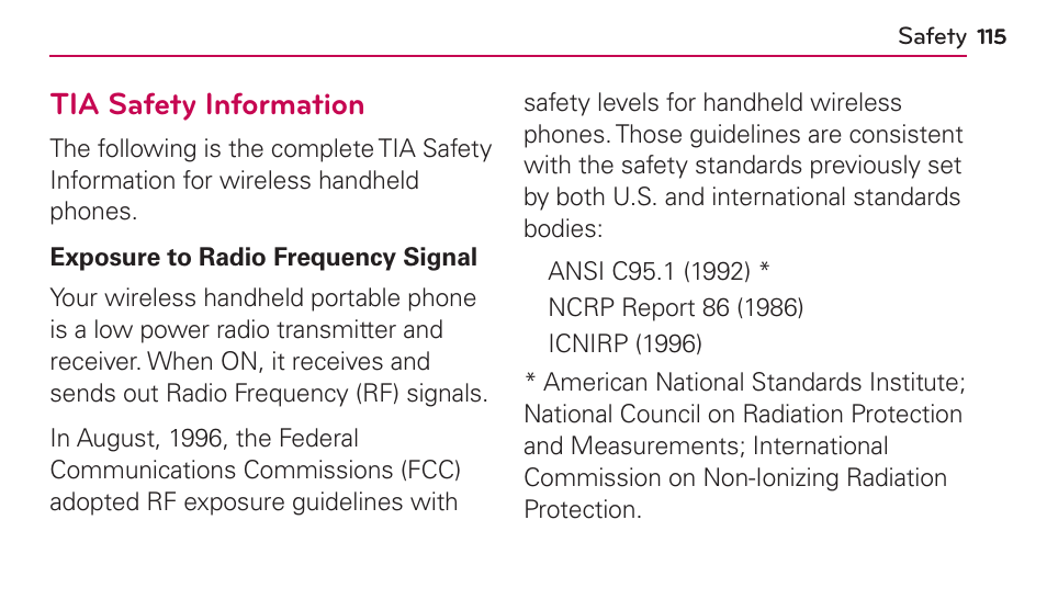 Safety, Tia safety information | LG UN272 User Manual | Page 115 / 172