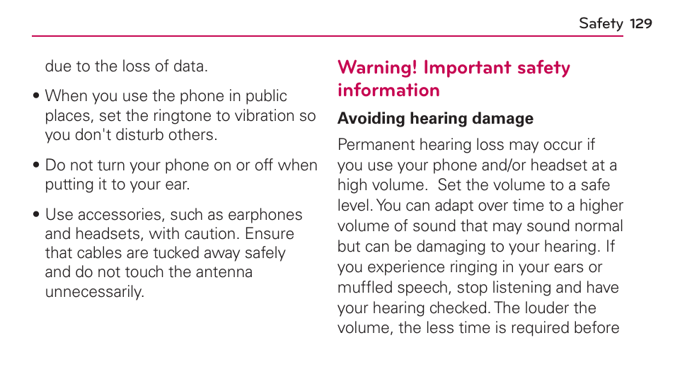 Warning! important safety information, Warning! important safety information .129 | LG UN272 User Manual | Page 129 / 172