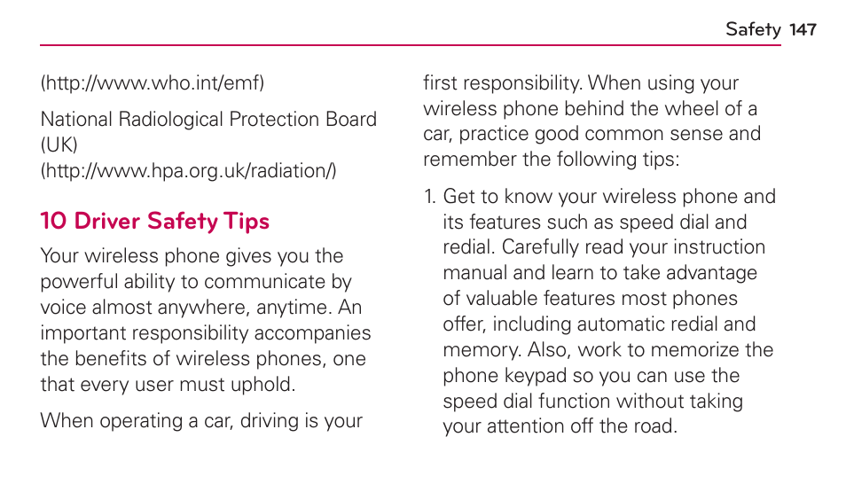 10 driver safety tips | LG UN272 User Manual | Page 147 / 172