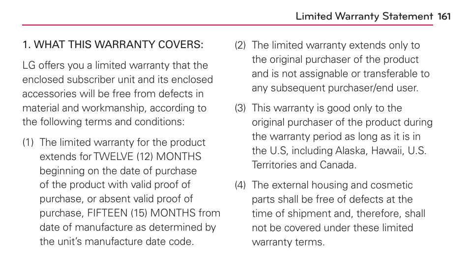 Limited warranty statement | LG UN272 User Manual | Page 161 / 172