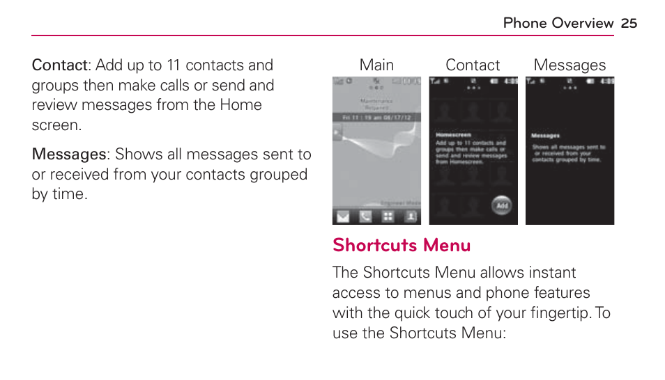 Shortcuts menu | LG UN272 User Manual | Page 25 / 172