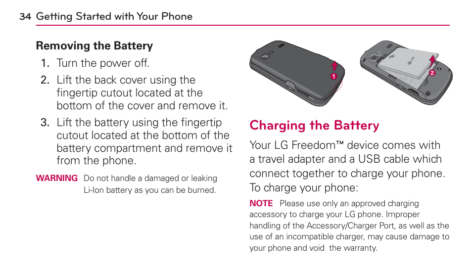 Charging the battery | LG UN272 User Manual | Page 34 / 172