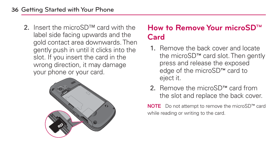 How to remove your microsd™ card | LG UN272 User Manual | Page 36 / 172