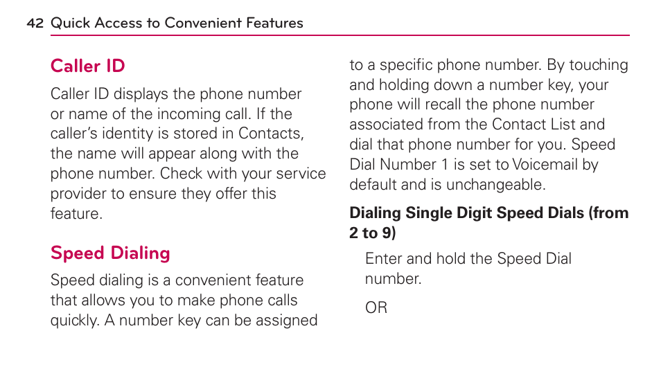Caller id, Speed dialing, Caller id speed dialing | LG UN272 User Manual | Page 42 / 172