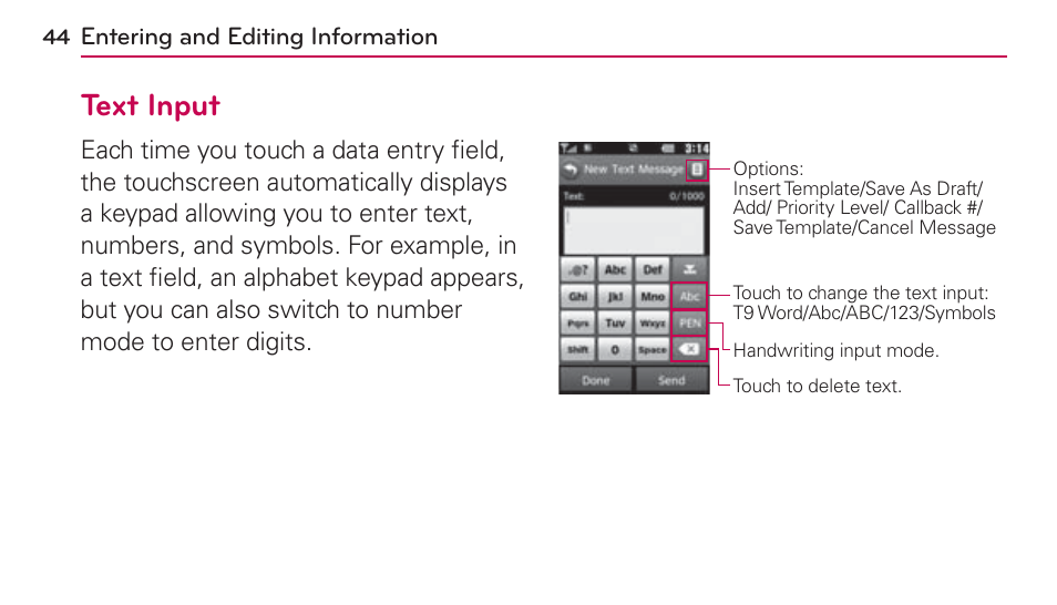 Entering and editing information, Text input | LG UN272 User Manual | Page 44 / 172
