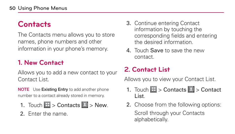 Using phone menus, Contacts, New contact | Contact list, New contact 2. contact list | LG UN272 User Manual | Page 50 / 172