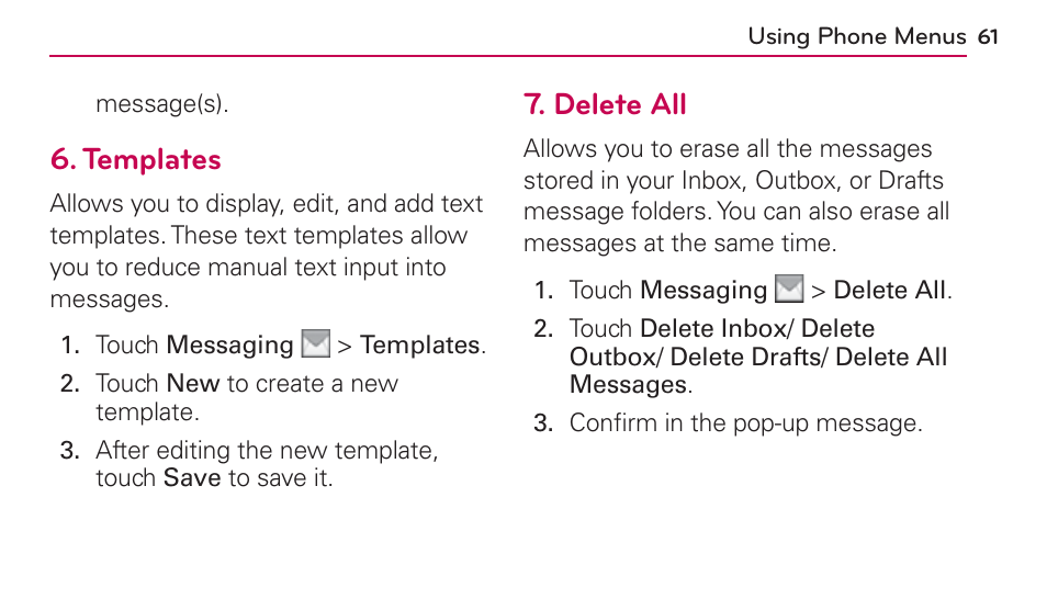Templates, Delete all, Templates 7. delete all | LG UN272 User Manual | Page 61 / 172