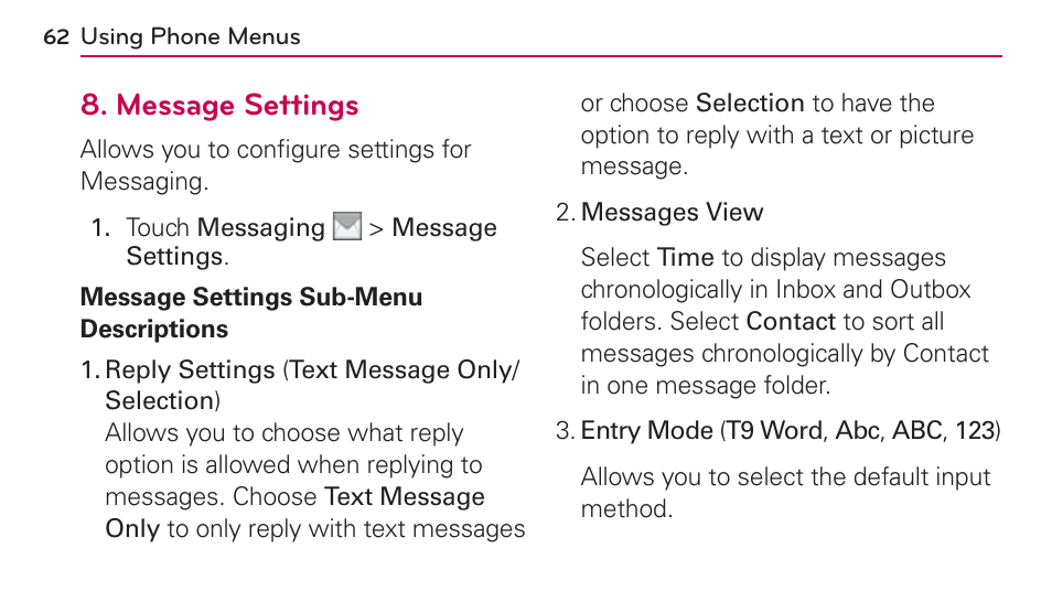 Message settings | LG UN272 User Manual | Page 62 / 172