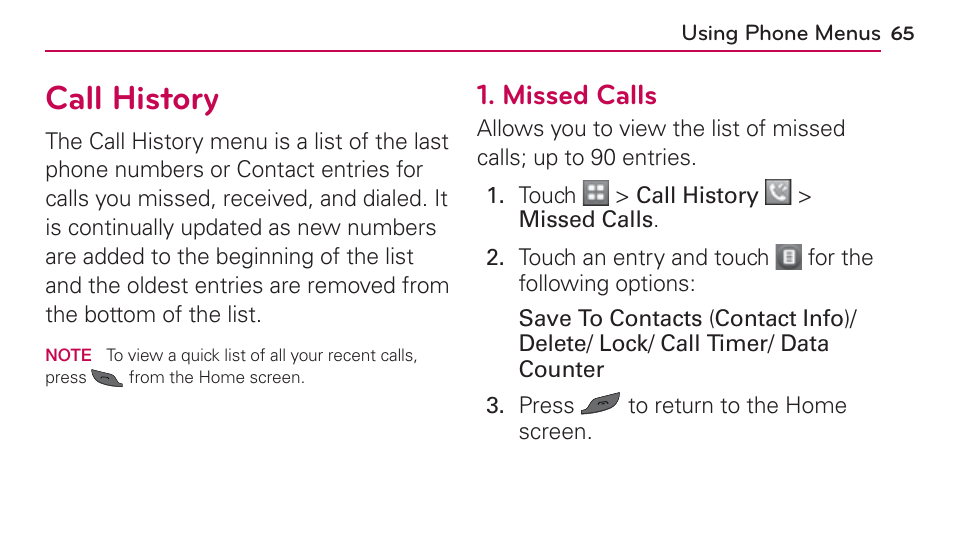 Call history, Missed calls | LG UN272 User Manual | Page 65 / 172