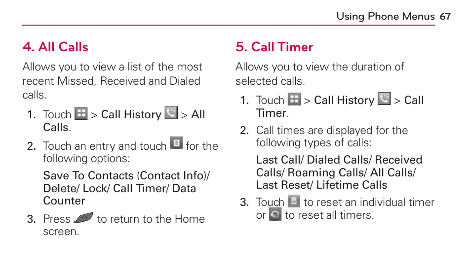 All calls, Call timer, All calls 5. call timer | LG UN272 User Manual | Page 67 / 172