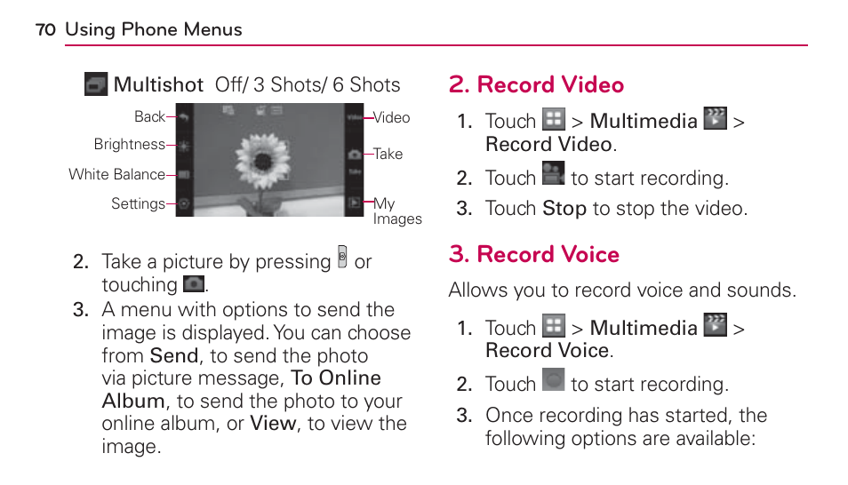 Record video, Record voice, Record video 3. record voice | LG UN272 User Manual | Page 70 / 172
