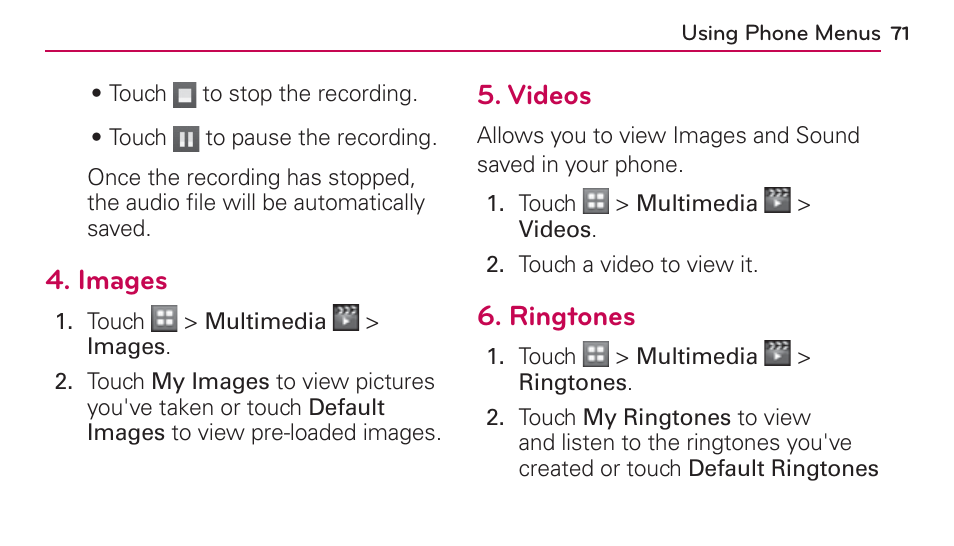 Images, Videos, Ringtones | Images 5. videos 6. ringtones | LG UN272 User Manual | Page 71 / 172