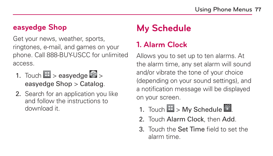 Easyedge shop, My schedule, Alarm clock | LG UN272 User Manual | Page 77 / 172