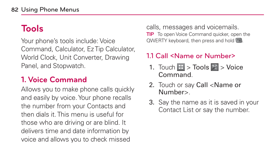 Tools, Voice command | LG UN272 User Manual | Page 82 / 172