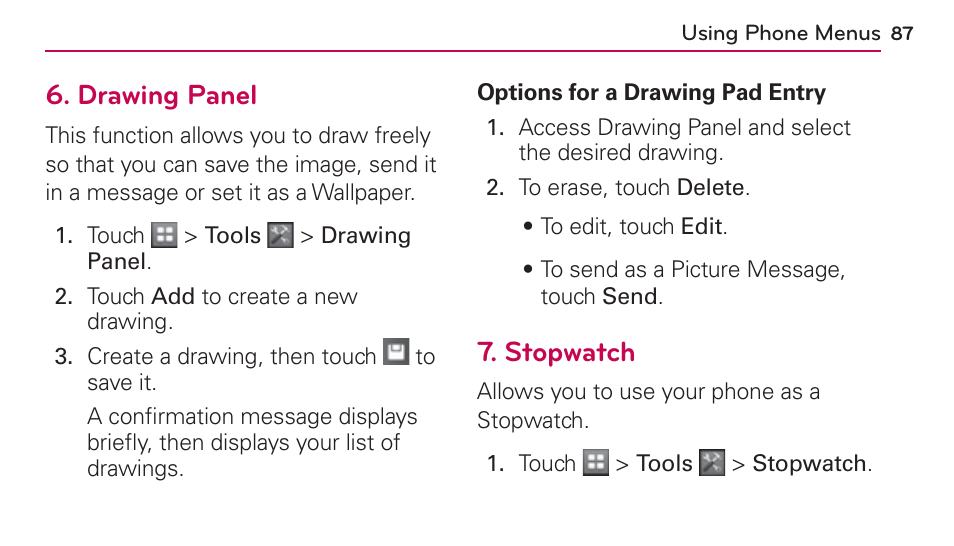 Drawing panel, Stopwatch, Drawing panel 7. stopwatch | LG UN272 User Manual | Page 87 / 172