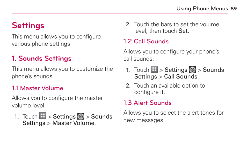 Settings, Sounds settings | LG UN272 User Manual | Page 89 / 172