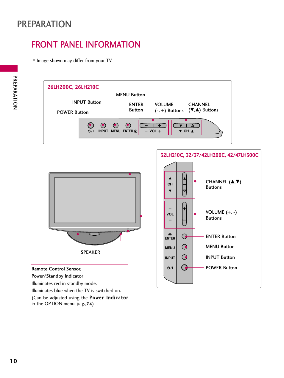 Front panel information, Preparation, Prep ar ation | LG 26LH210C User Manual | Page 10 / 130