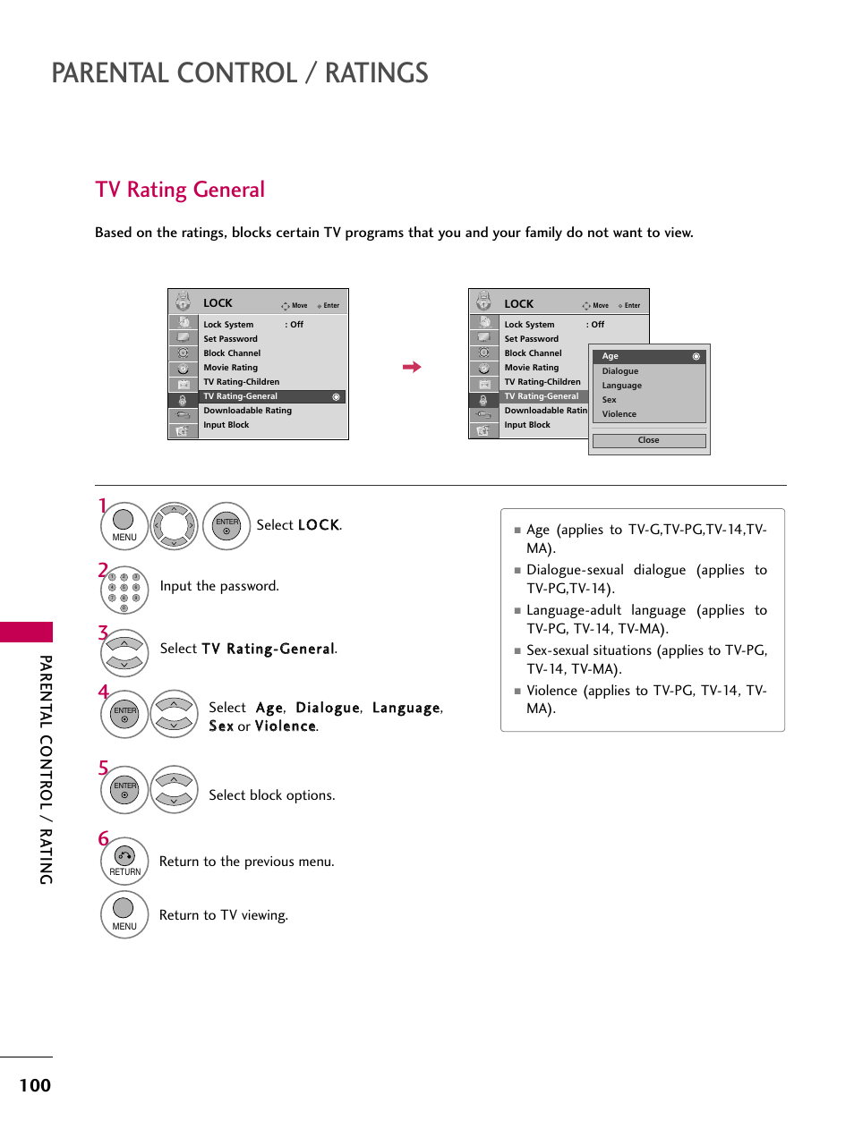 Tv rating general, Parental control / ratings, Parent al contr ol / r ating | LG 26LH210C User Manual | Page 100 / 130