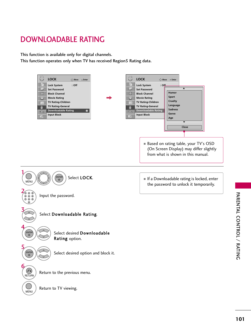 Downloadable rating, Parent al contr ol / r ating | LG 26LH210C User Manual | Page 101 / 130