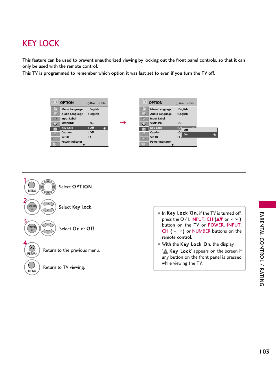 Key lock, Parent al contr ol / r ating | LG 26LH210C User Manual | Page 103 / 130