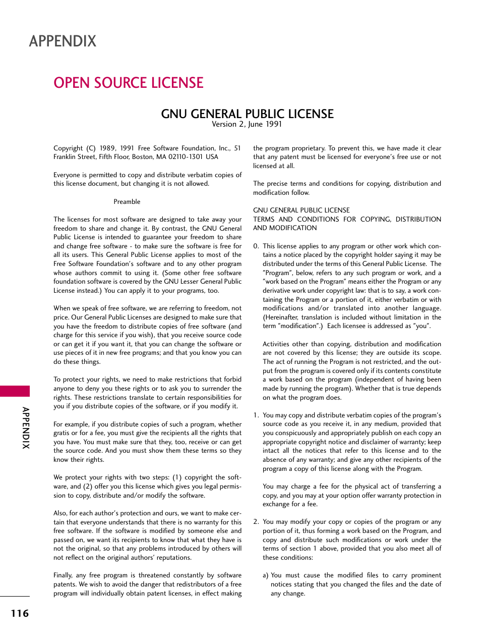 Open source license, Appendix, Gnu general public license | LG 26LH210C User Manual | Page 116 / 130