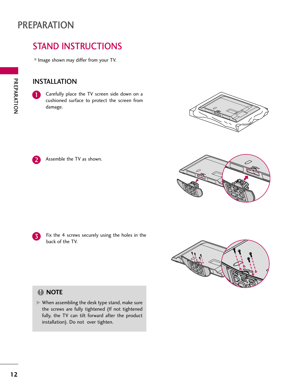 Stand instructions, Preparation, Installation | LG 26LH210C User Manual | Page 12 / 130