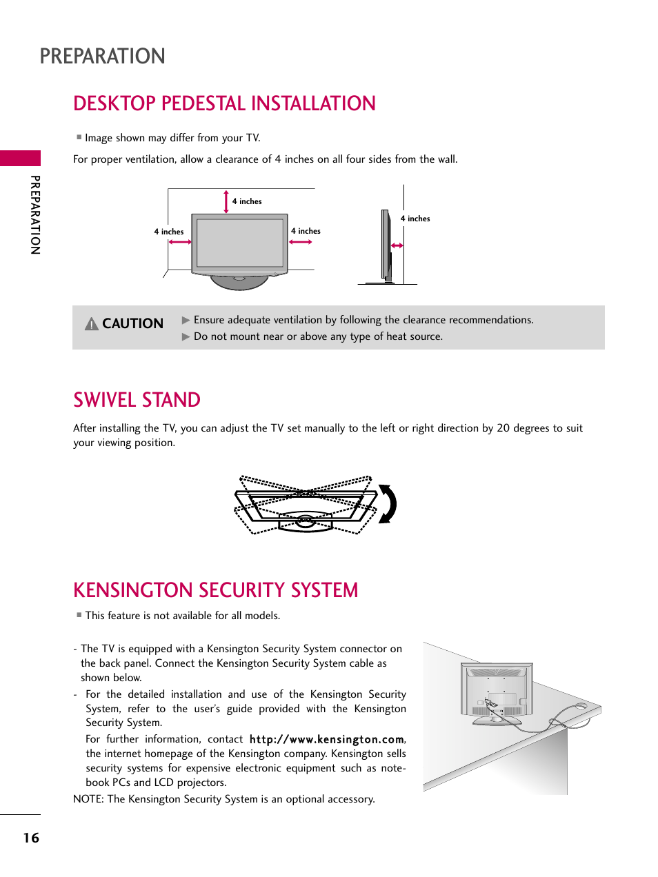 Desktop pedestal installation, Swivel stand, Kensington security system | Preparation, Caution | LG 26LH210C User Manual | Page 16 / 130