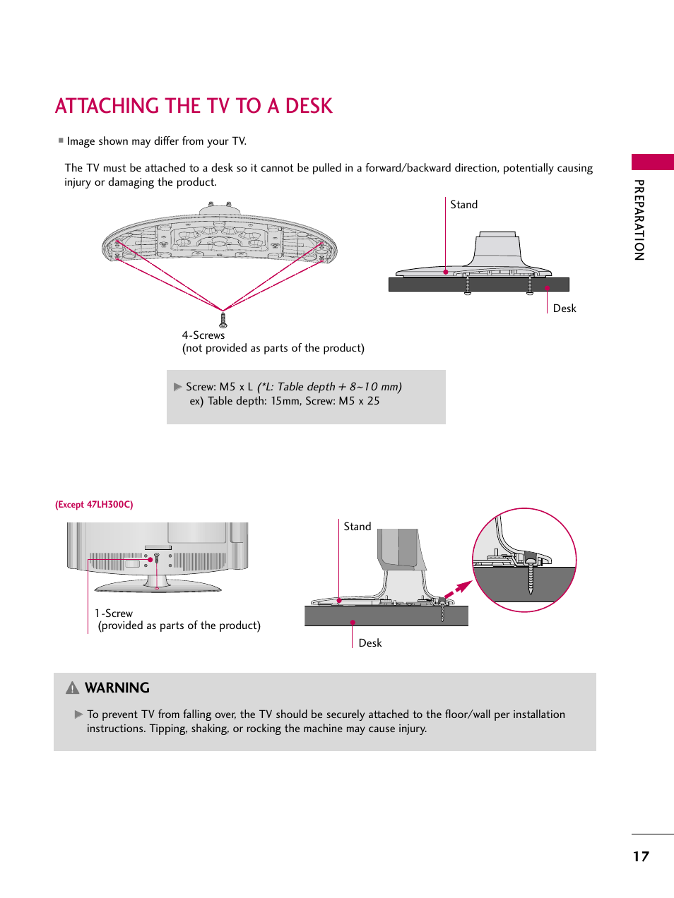 Attaching the tv to a desk, Warning | LG 26LH210C User Manual | Page 17 / 130