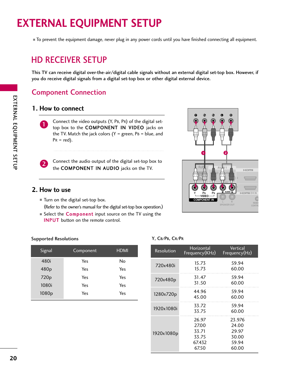 External equipment setup, Hd receiver setup, Component connection | How to connect, How to use, External eq uipment setup | LG 26LH210C User Manual | Page 20 / 130