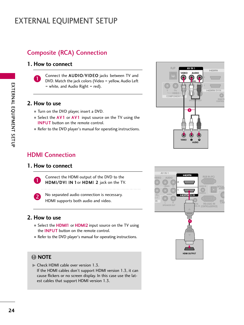 Composite (rca) connection, Hdmi connection, External equipment setup | How to connect 2. how to use, External eq uipment setup | LG 26LH210C User Manual | Page 24 / 130