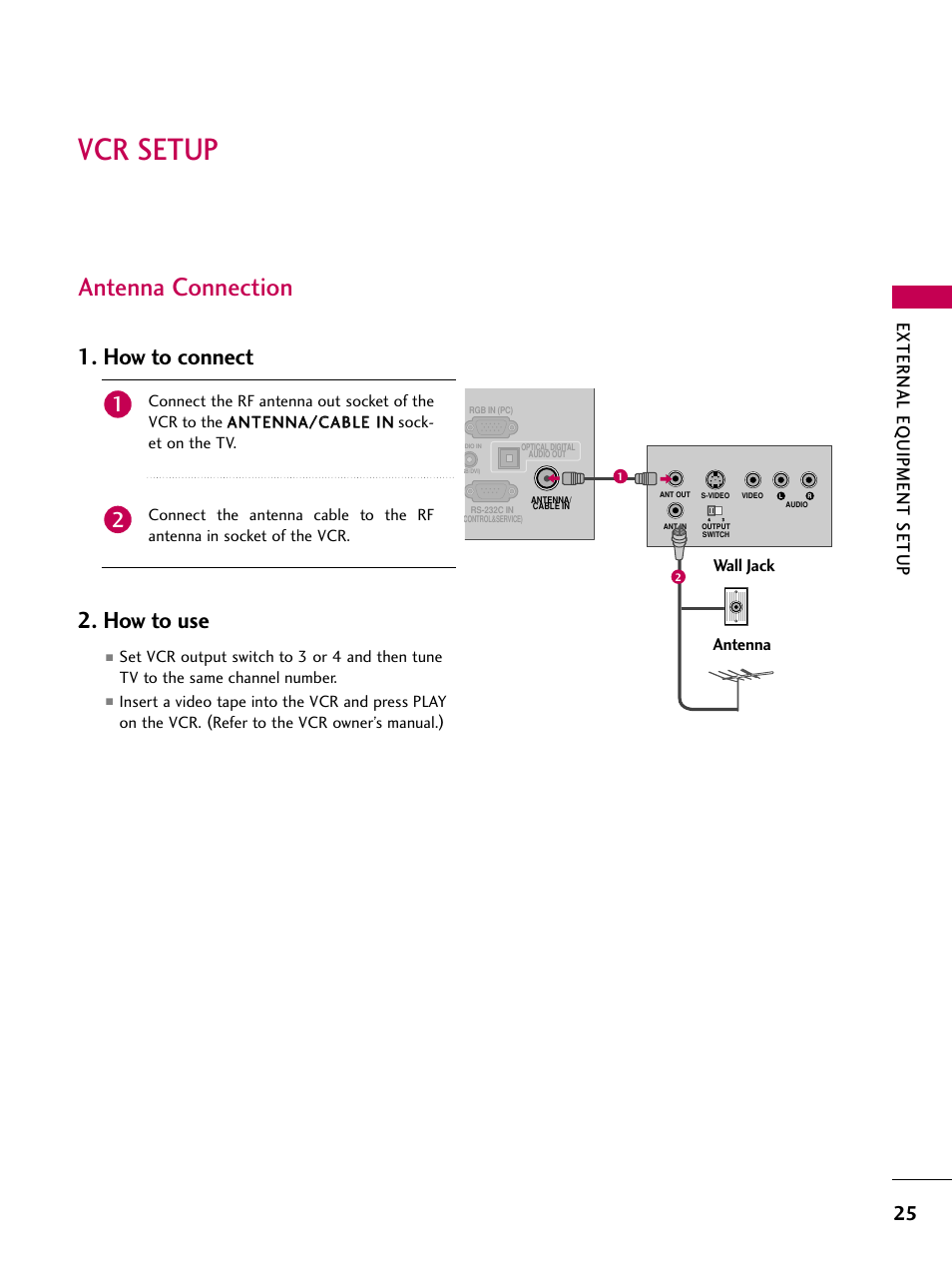 Vcr setup, Antenna connection, How to connect | How to use, External eq uipment setup | LG 26LH210C User Manual | Page 25 / 130