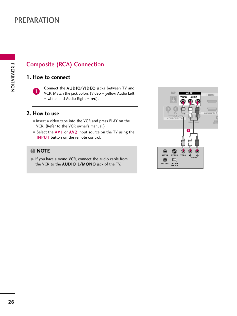 Composite (rca) connection, Preparation, How to connect 2. how to use | Prep ar ation | LG 26LH210C User Manual | Page 26 / 130
