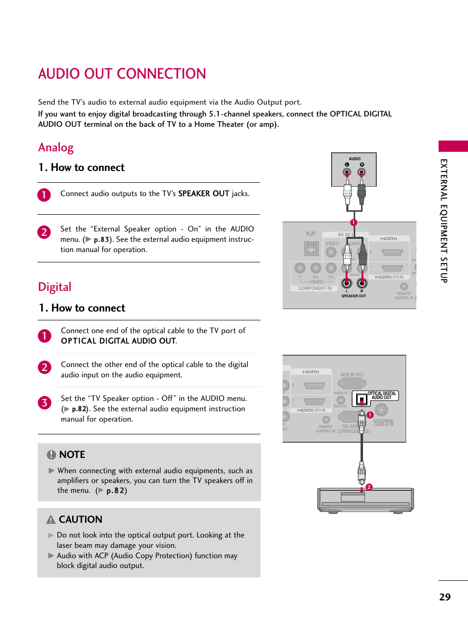 Audio out connection, Analog digital, How to connect | Caution, External eq uipment setup | LG 26LH210C User Manual | Page 29 / 130