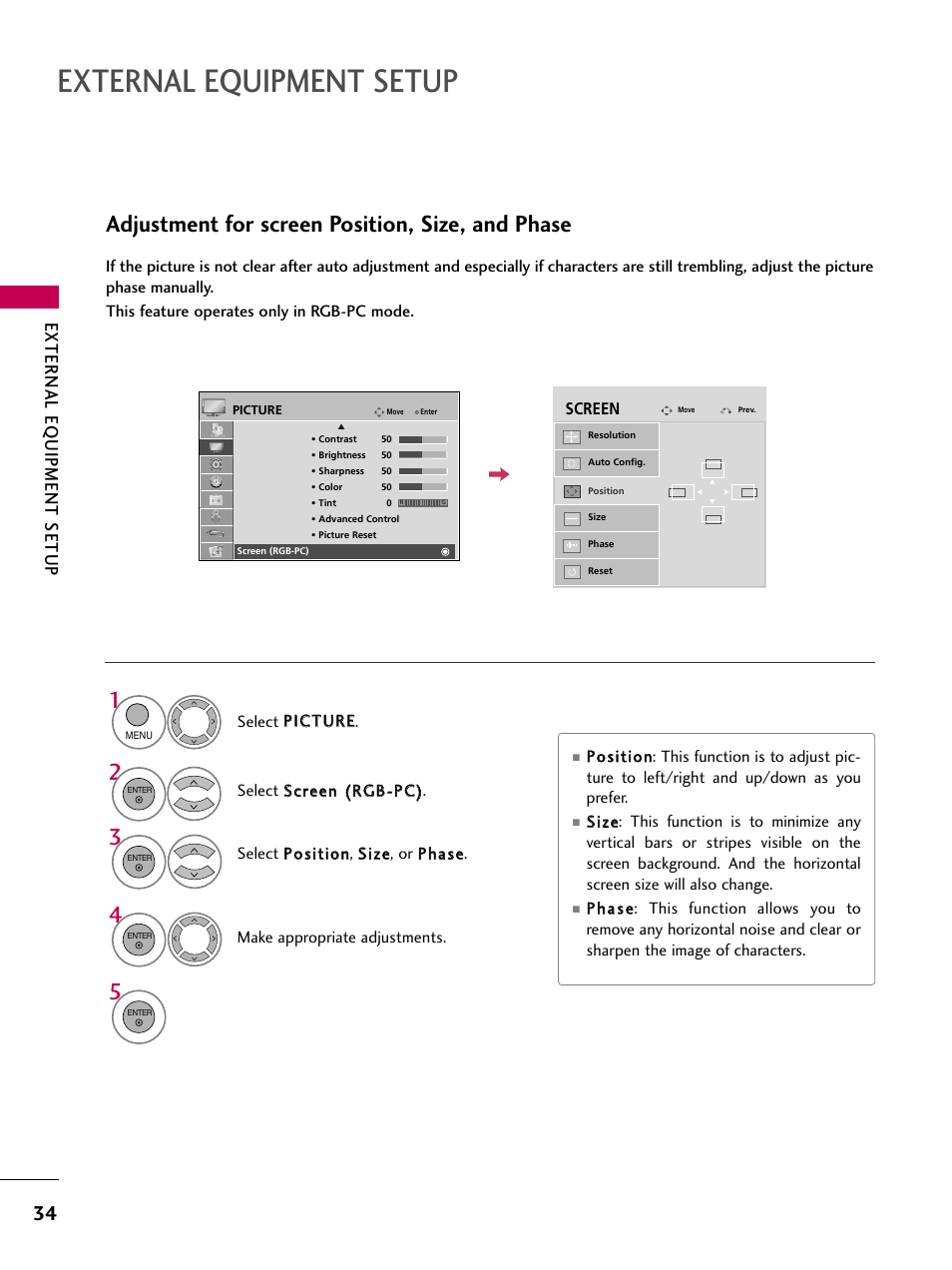 External equipment setup, Adjustment for screen position, size, and phase, External eq uipment setup | LG 26LH210C User Manual | Page 34 / 130