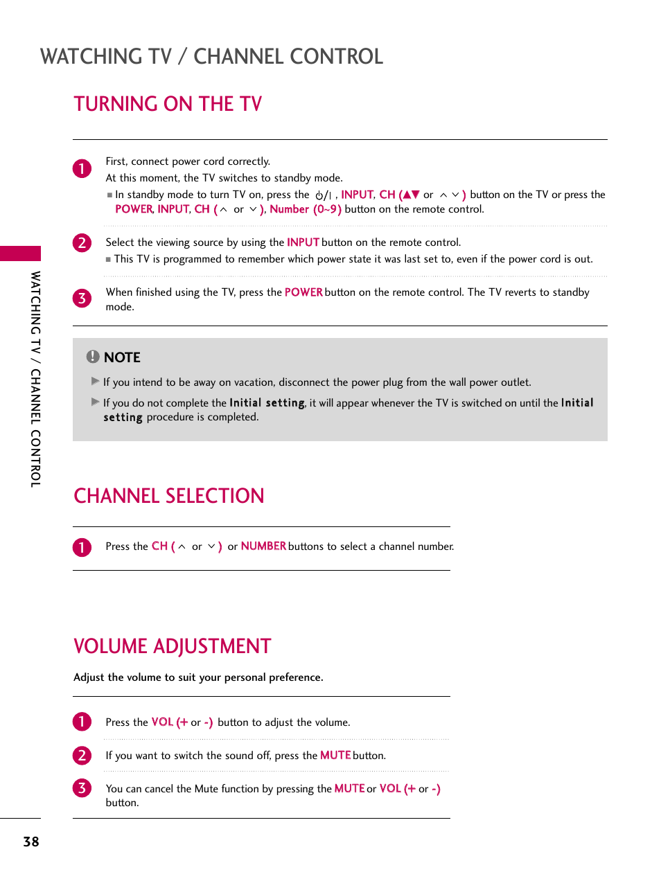 Turning on the tv, Channel selection, Volume adjustment | Watching tv / channel control, Volume adjustment channel selection | LG 26LH210C User Manual | Page 38 / 130