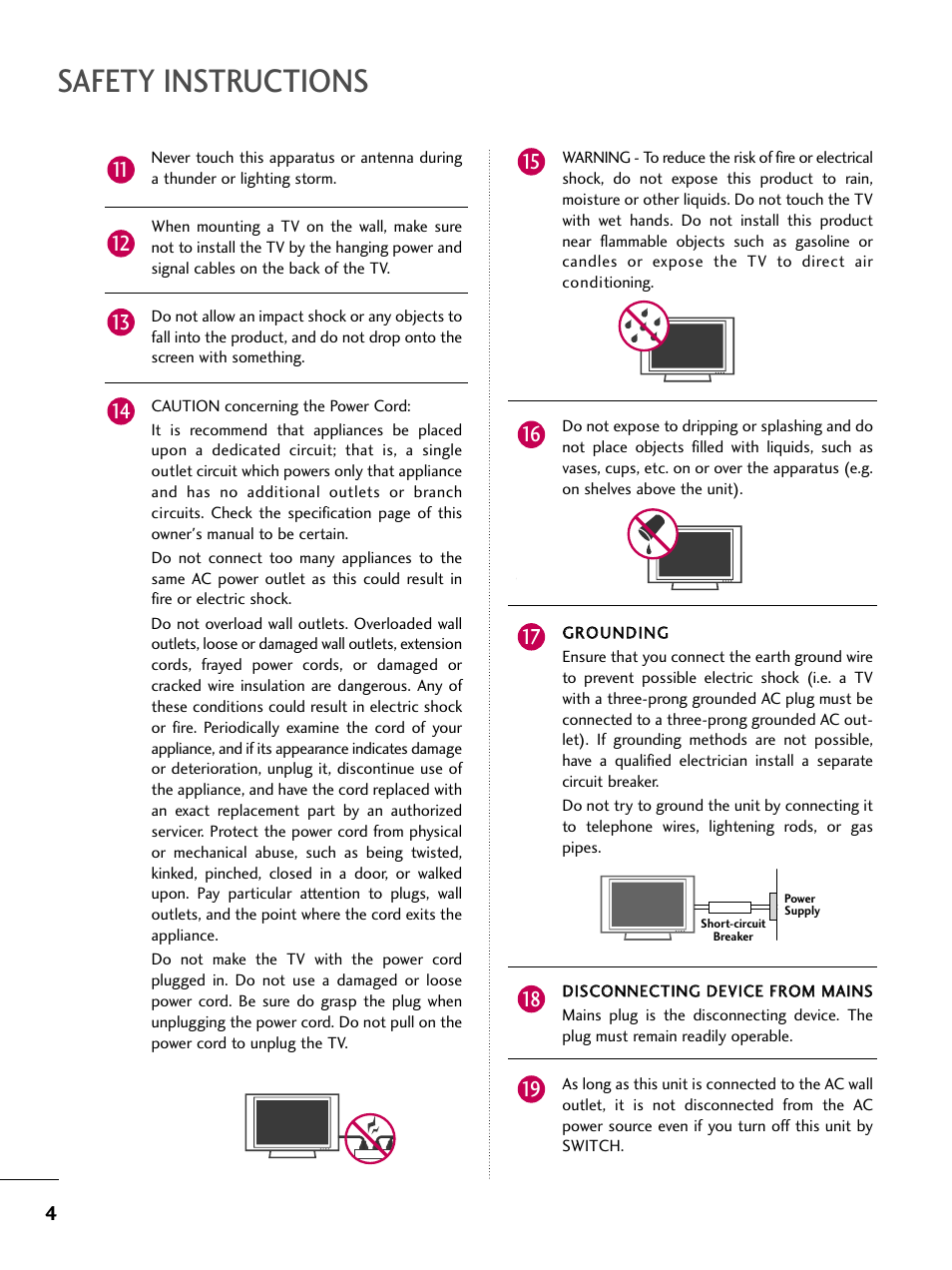 Safety instructions | LG 26LH210C User Manual | Page 4 / 130