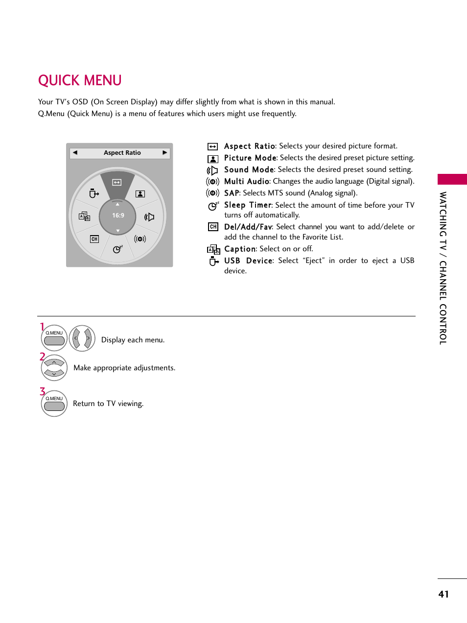 Quick menu | LG 26LH210C User Manual | Page 41 / 130