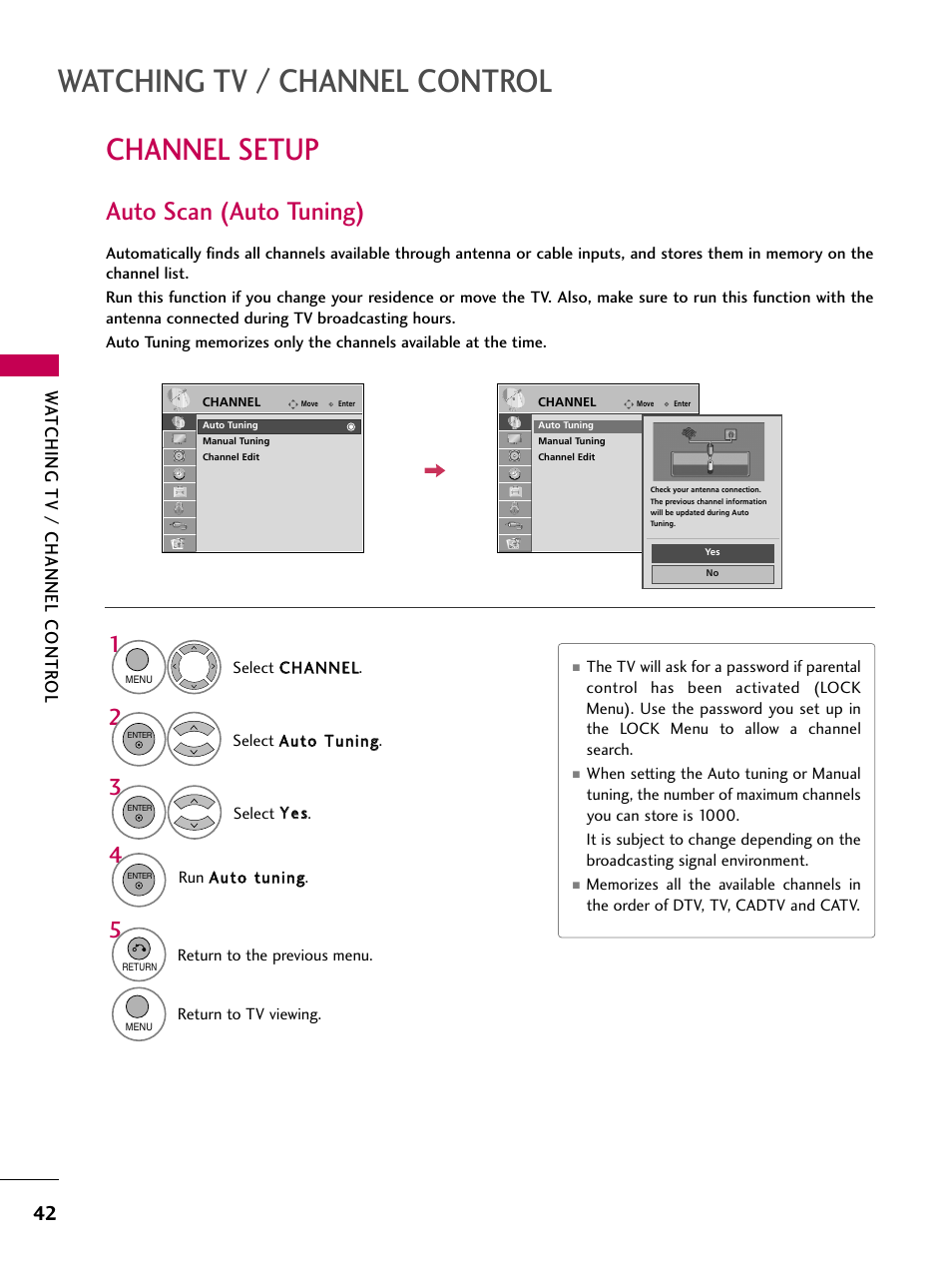 Channel setup, Auto scan (auto tuning), Watching tv / channel control | Watching tv / channel contr ol | LG 26LH210C User Manual | Page 42 / 130